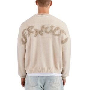 Cernucci Oversized Sweater Beige Knit Fuzzy Logo Crewneck Unisex L Fit
